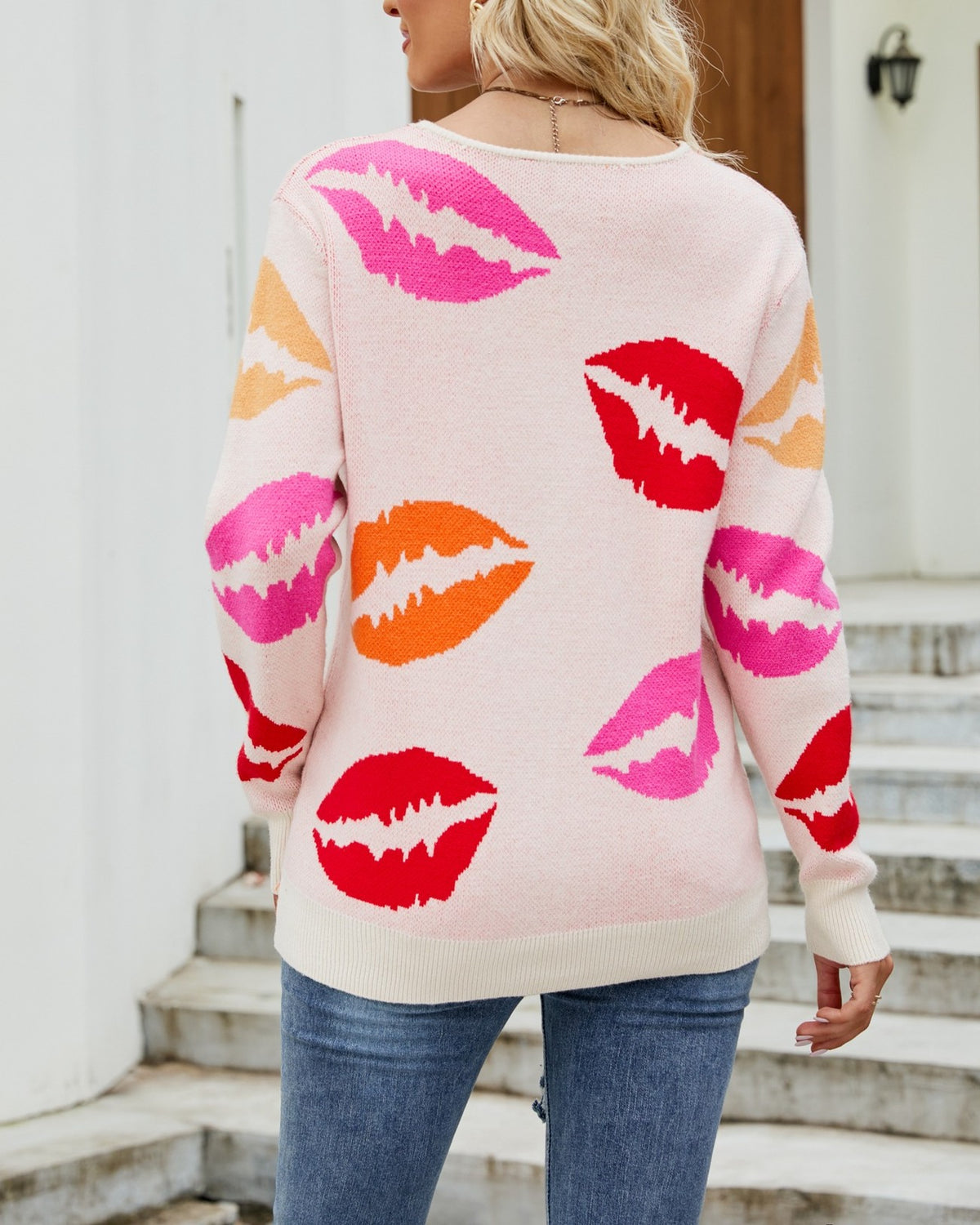 Lips Print V Neck Pullover Sweater - Pink - 2