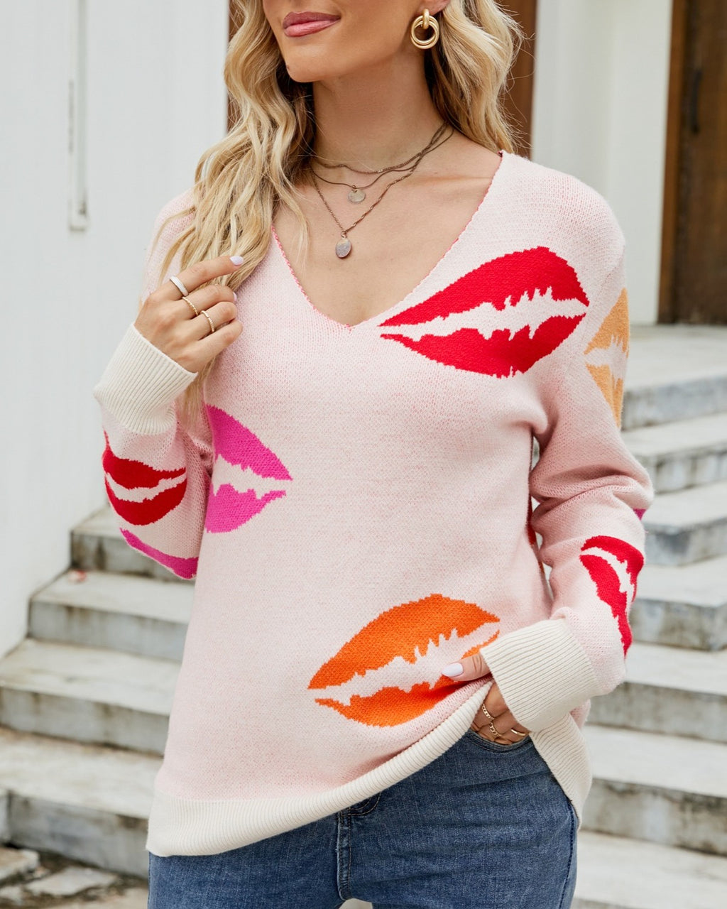 Lips Print V Neck Pullover Sweater - Pink - 3