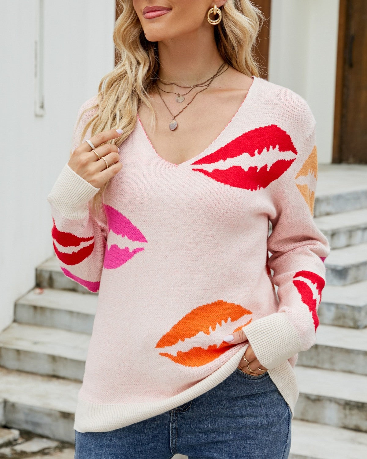 Lips Print V Neck Pullover Sweater - Pink - 3