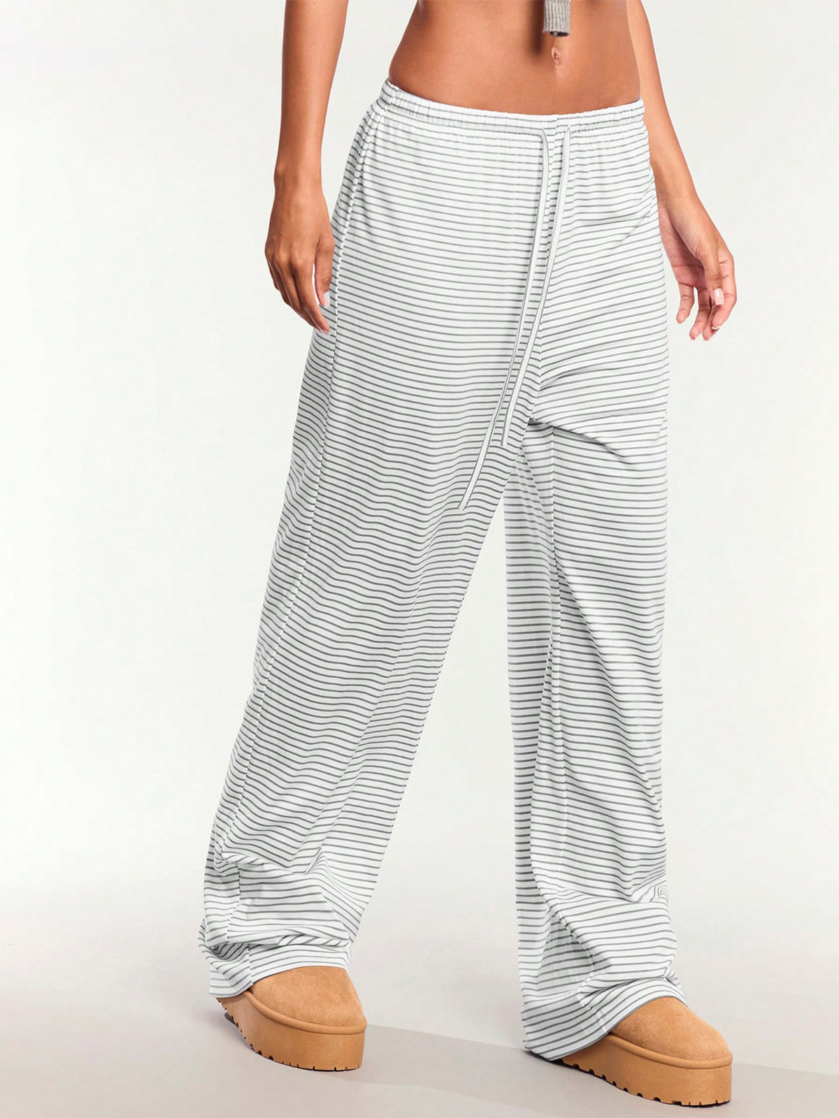 Pinstripe Wide Leg Drawstring Lounge Pants - Grey
