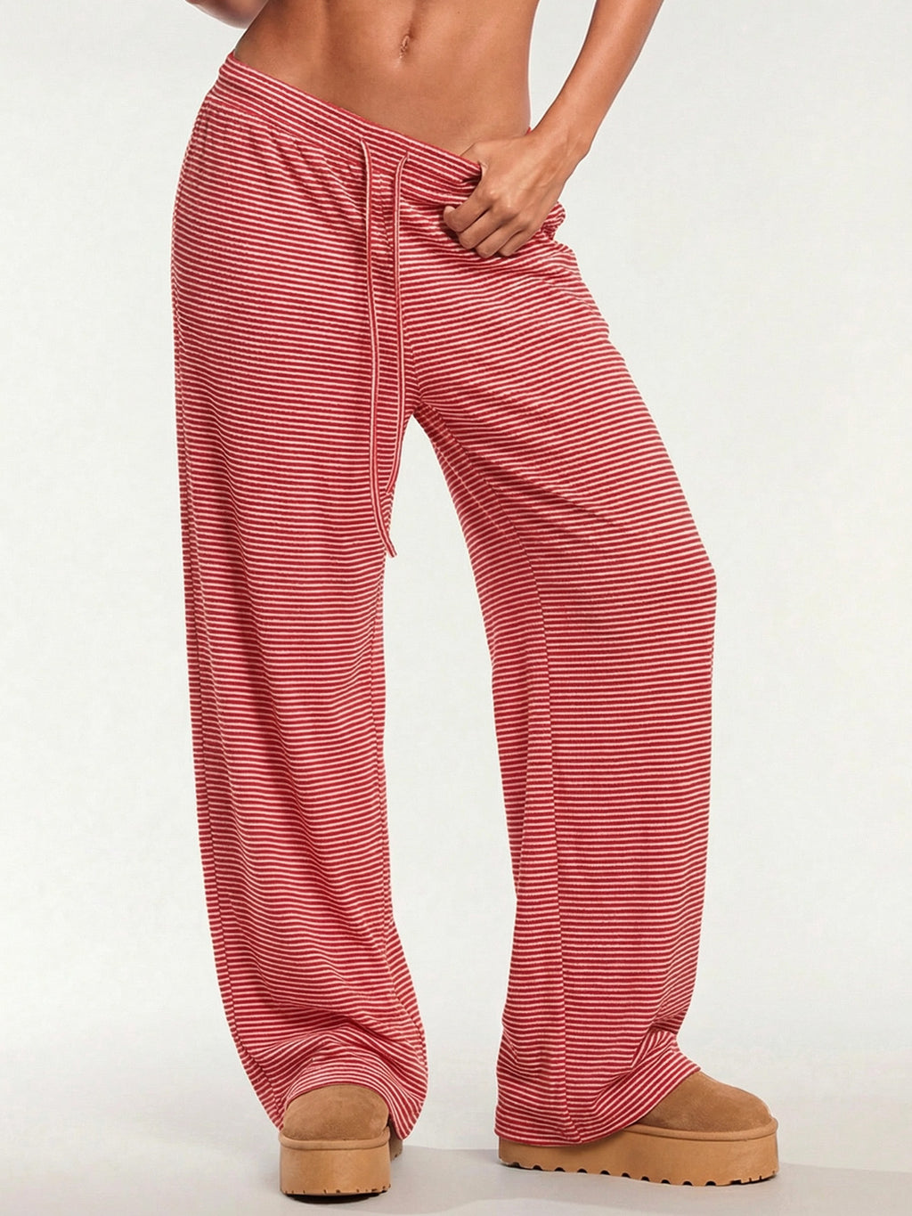 Pinstripe Wide Leg Drawstring Lounge Pants - Red