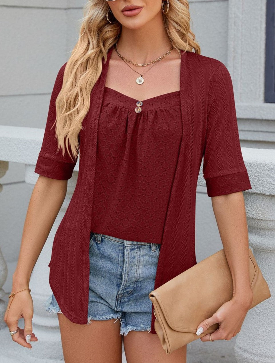 Square Neck Layered Look Tunic Top - Winered