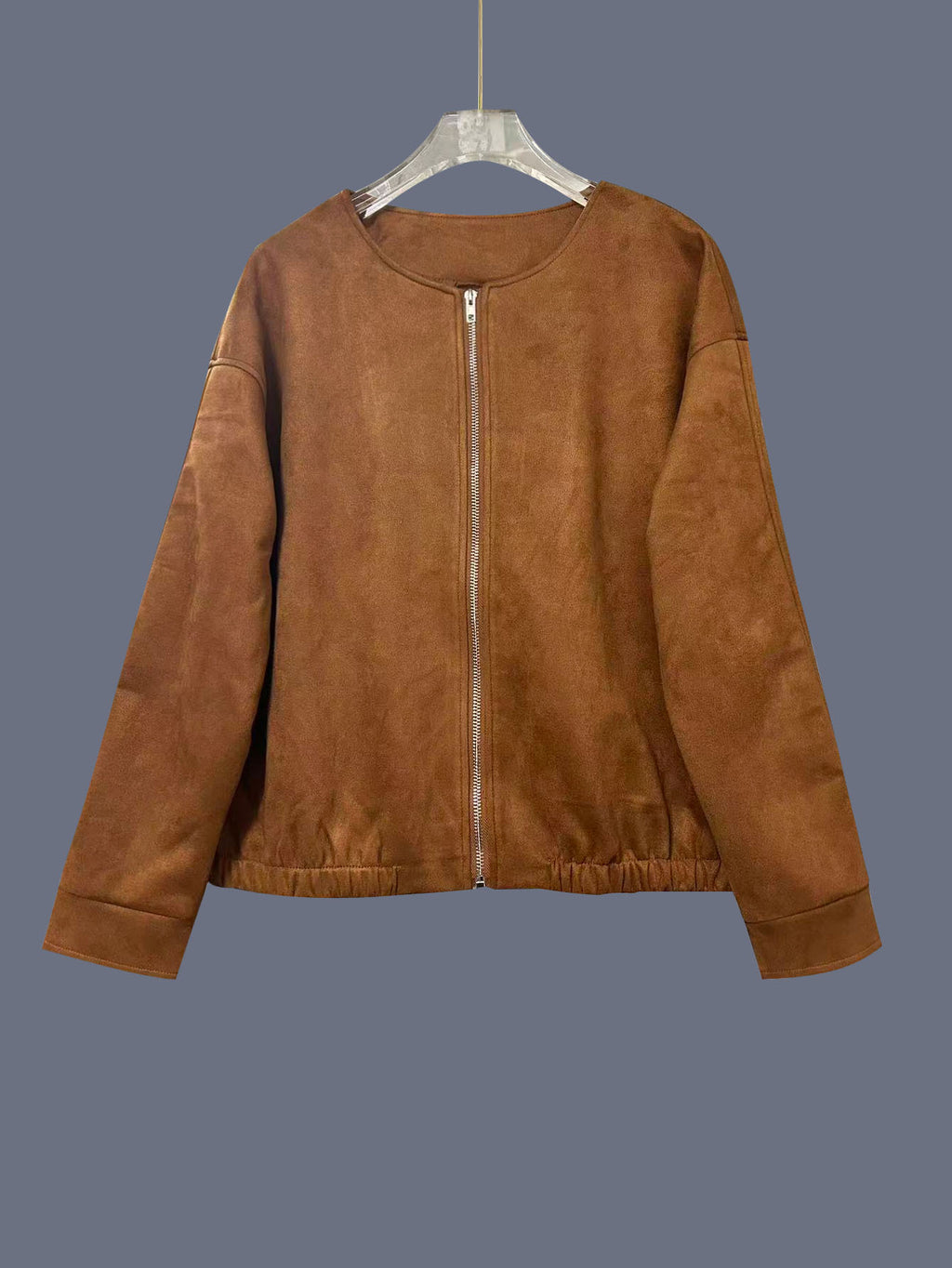 Suede Round Neck Zip Bomber Jacket - Khaki