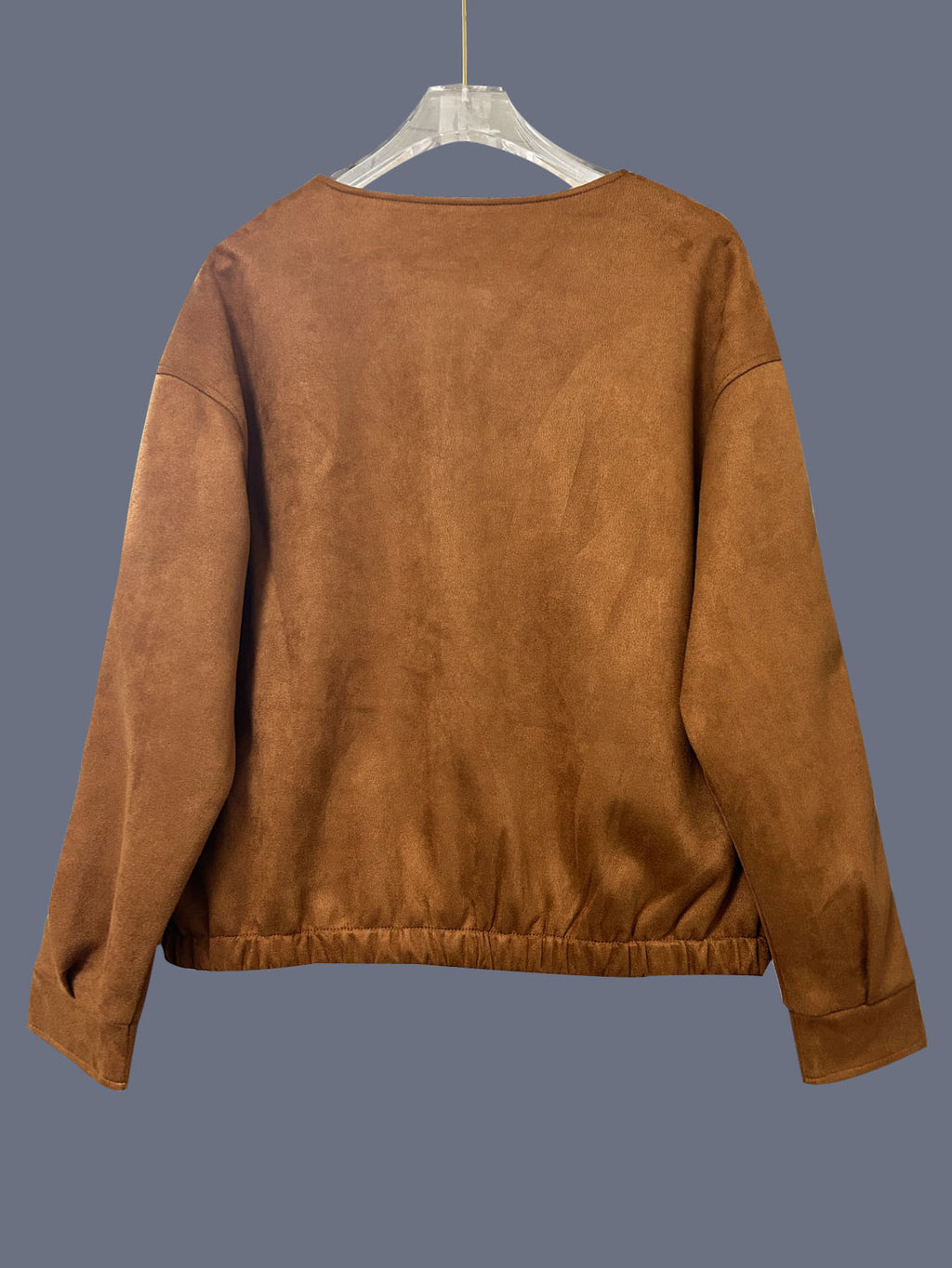 Suede Round Neck Zip Bomber Jacket - Khaki - 1