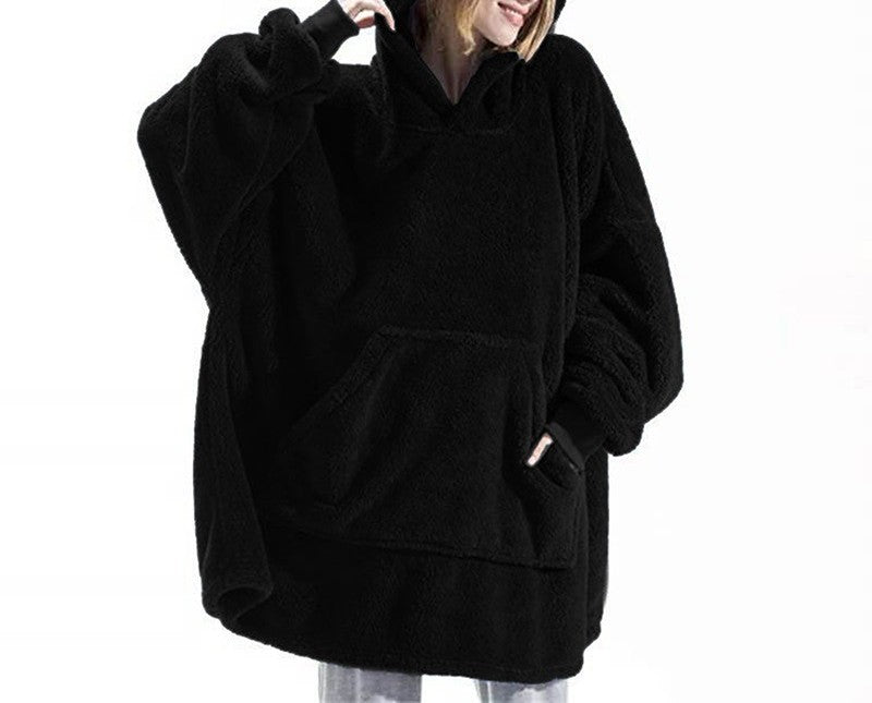 Oversized Sherpa Fleece Wearable Blanket Hoodie - Black