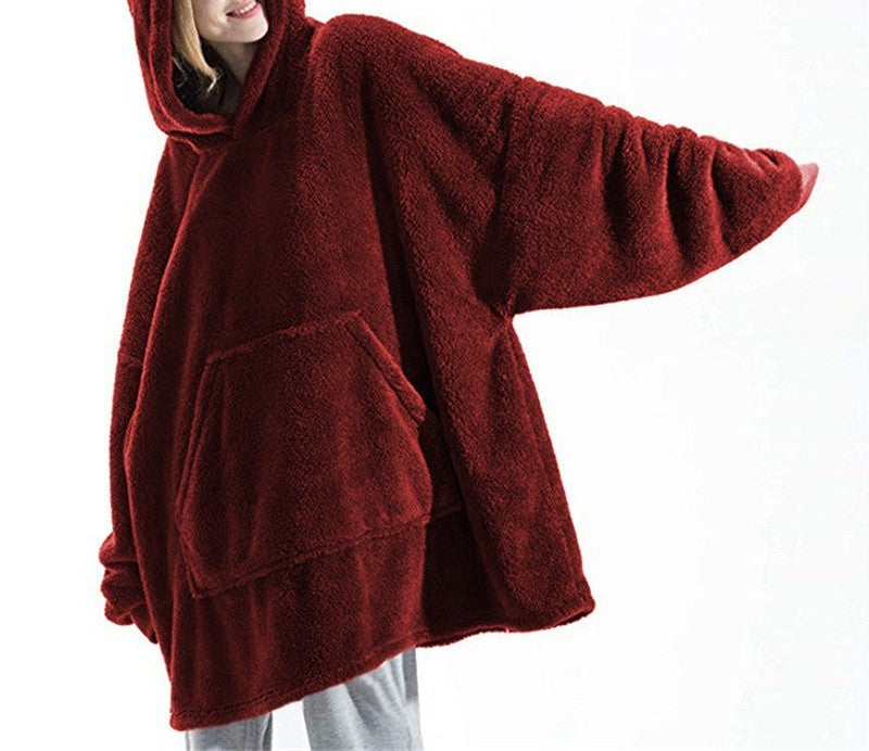 Oversized Sherpa Fleece Wearable Blanket Hoodie - WineRed