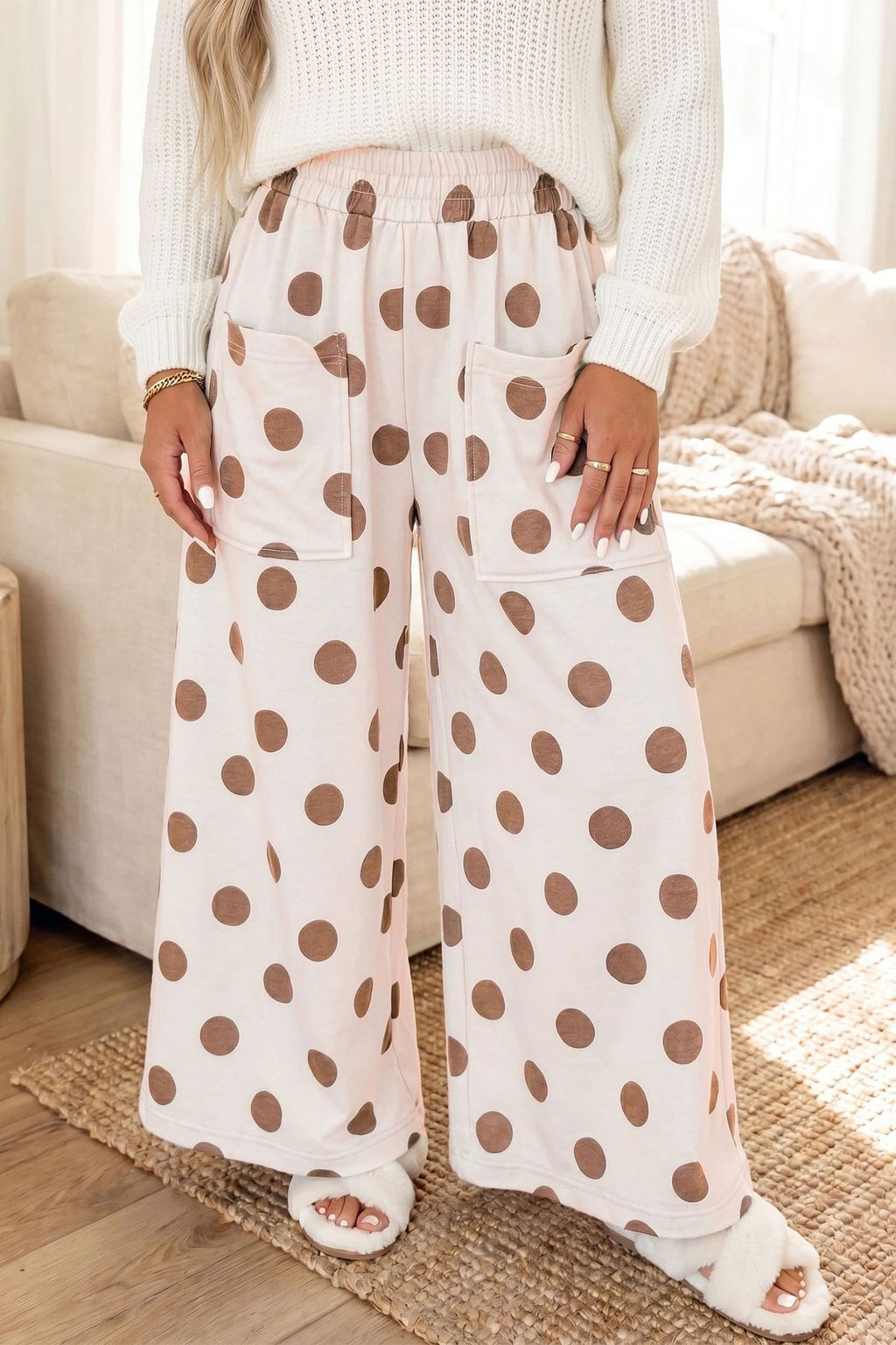 Polka Dot Palazzo Pants With Side Pockets - Beige