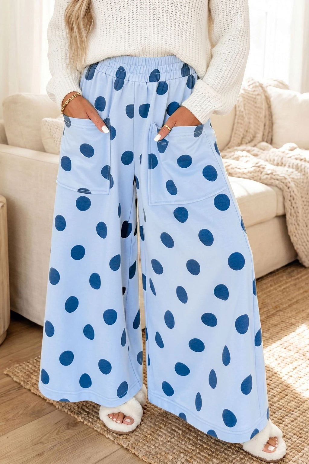 Polka Dot Palazzo Pants With Side Pockets - Blue