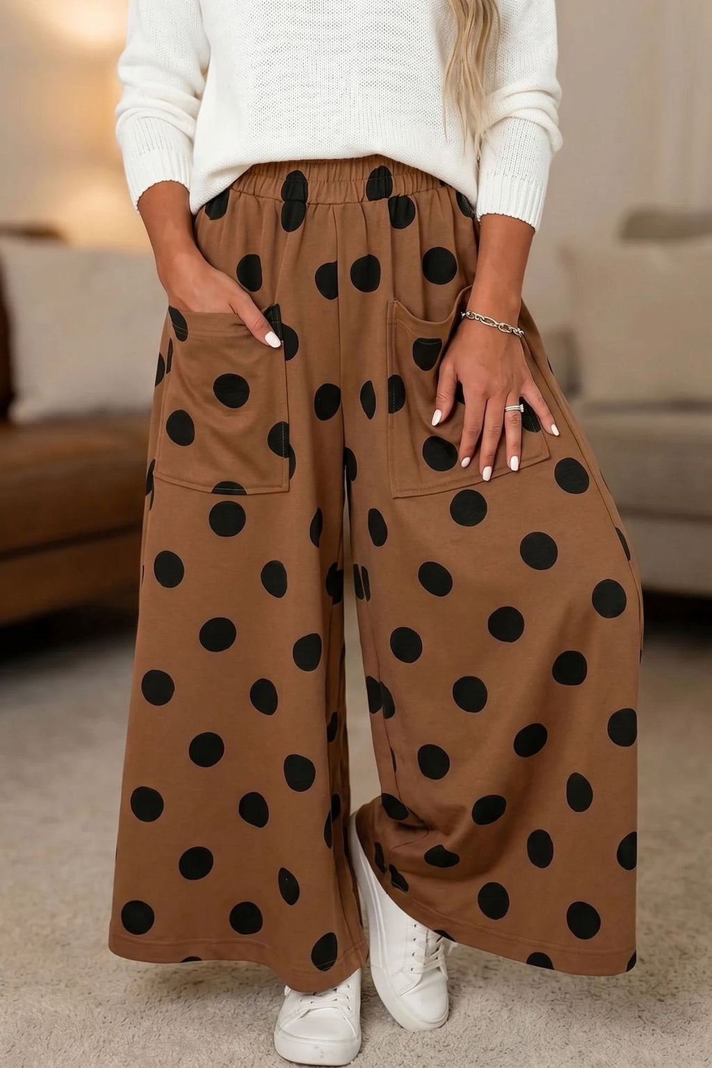 Polka Dot Palazzo Pants With Side Pockets - Coffee