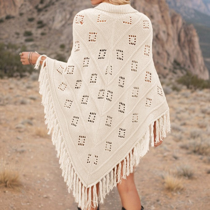 Fringed Pointelle Knit Poncho Cover-Up - Apricot - 1