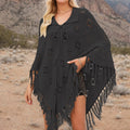 Fringed Pointelle Knit Poncho Cover-Up - Black