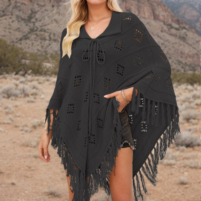 Fringed Pointelle Knit Poncho Cover-Up - Black