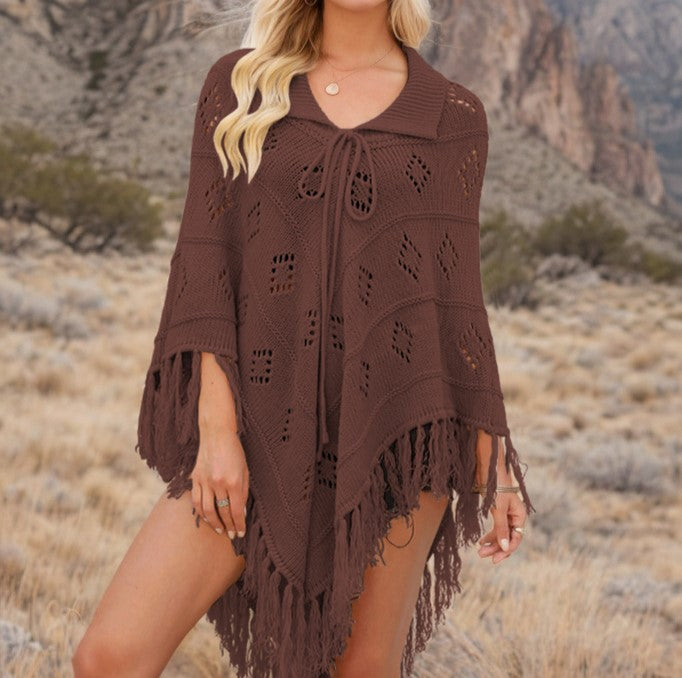 Fringed Pointelle Knit Poncho Cover-Up - Coffee