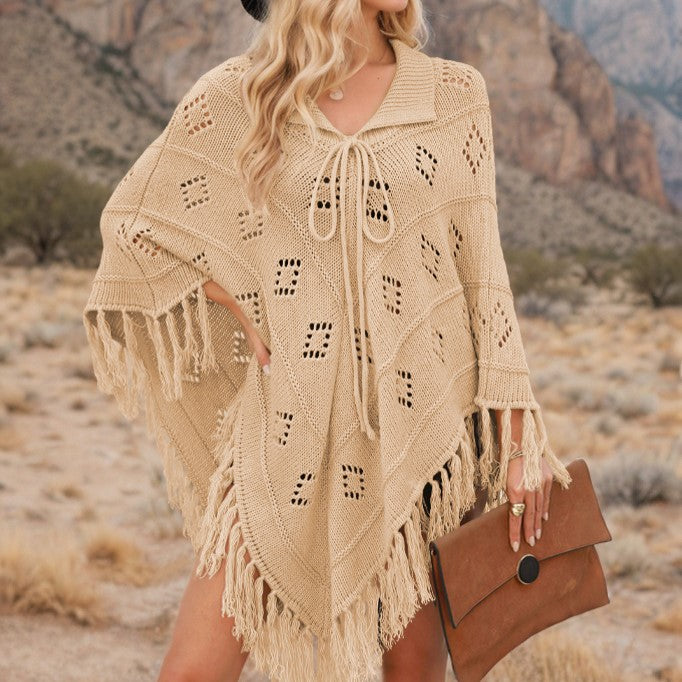 Fringed Pointelle Knit Poncho Cover-Up - Khaki
