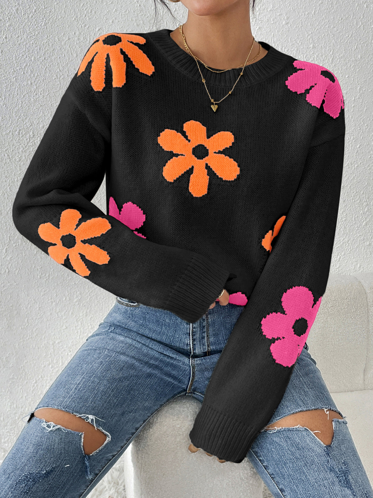 Retro Daisy Intarsia Knit Jumper - Black