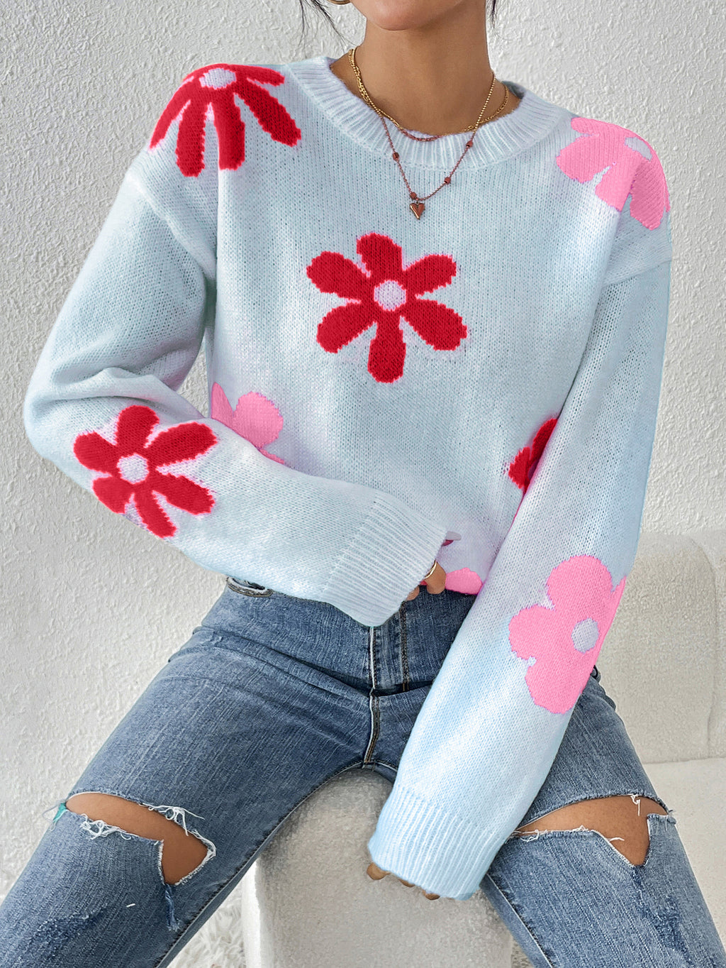 Retro Daisy Intarsia Knit Jumper - Blue