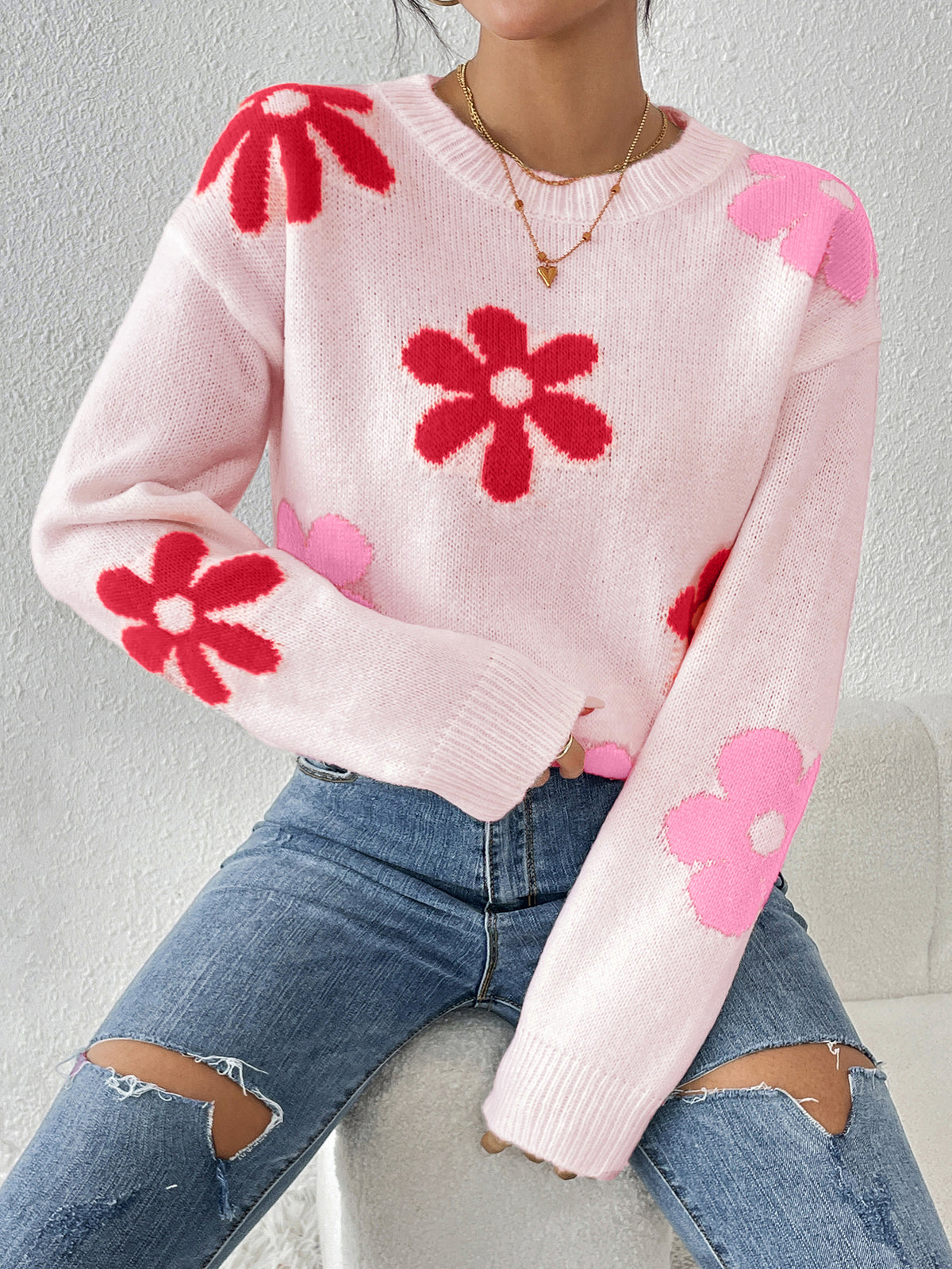 Retro Daisy Intarsia Knit Jumper - Pink