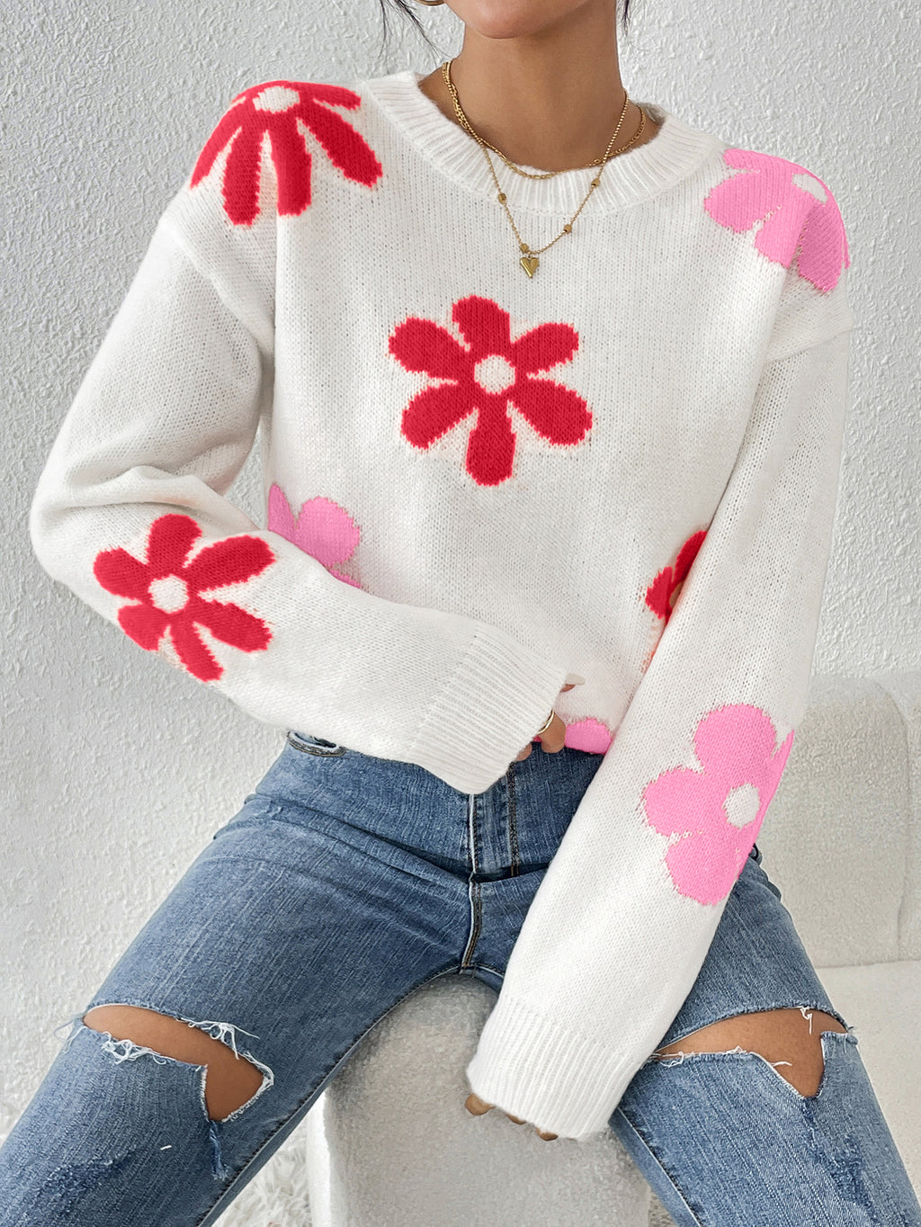 Retro Daisy Intarsia Knit Jumper - WhiteRed