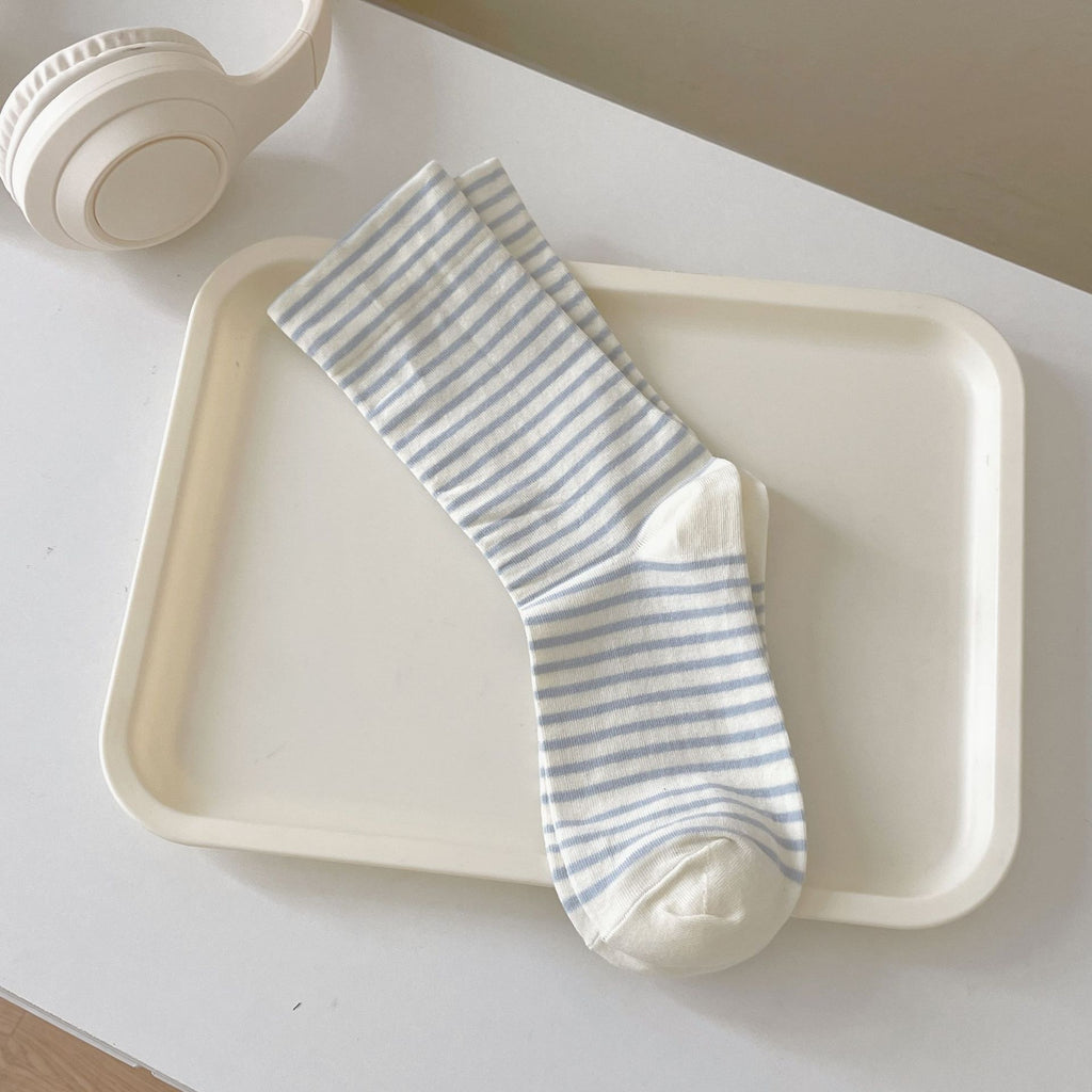 Thin Striped Breathable Cotton Crew Socks - Blue