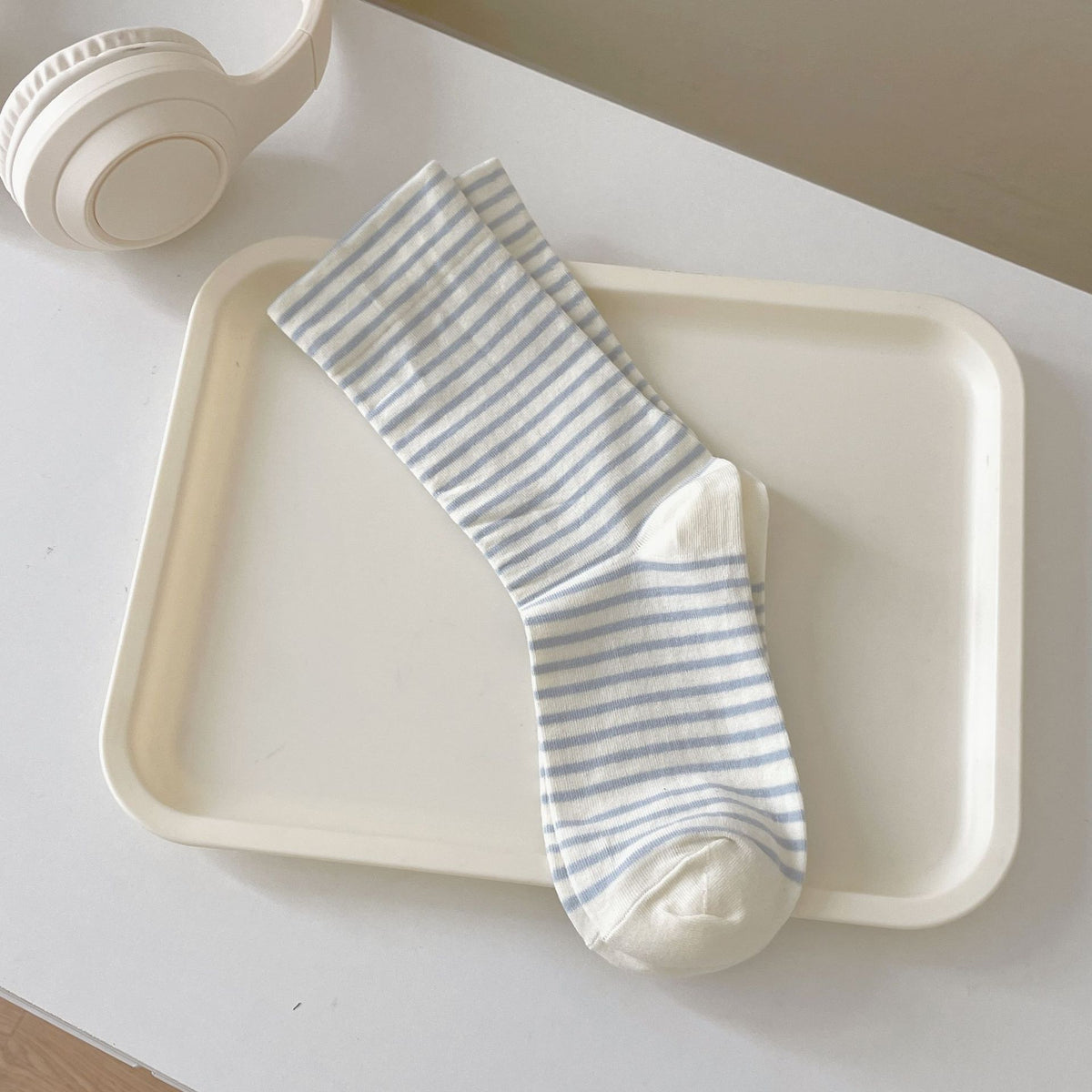 Thin Striped Breathable Cotton Crew Socks - Blue
