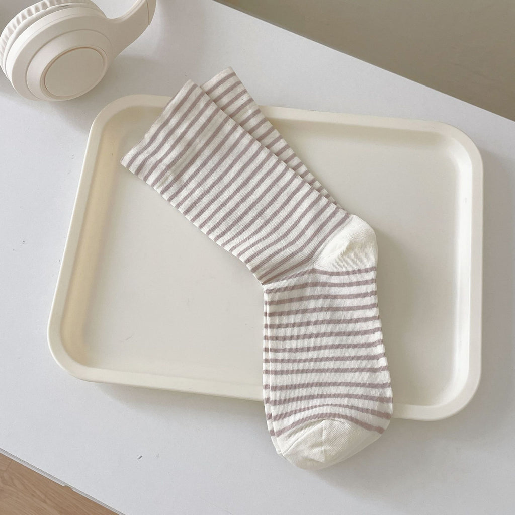 Thin Striped Breathable Cotton Crew Socks - Coffee