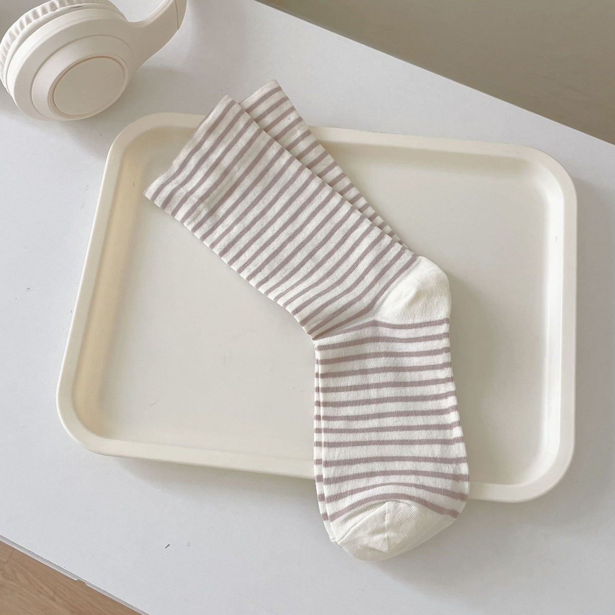 Thin Striped Breathable Cotton Crew Socks - Coffee