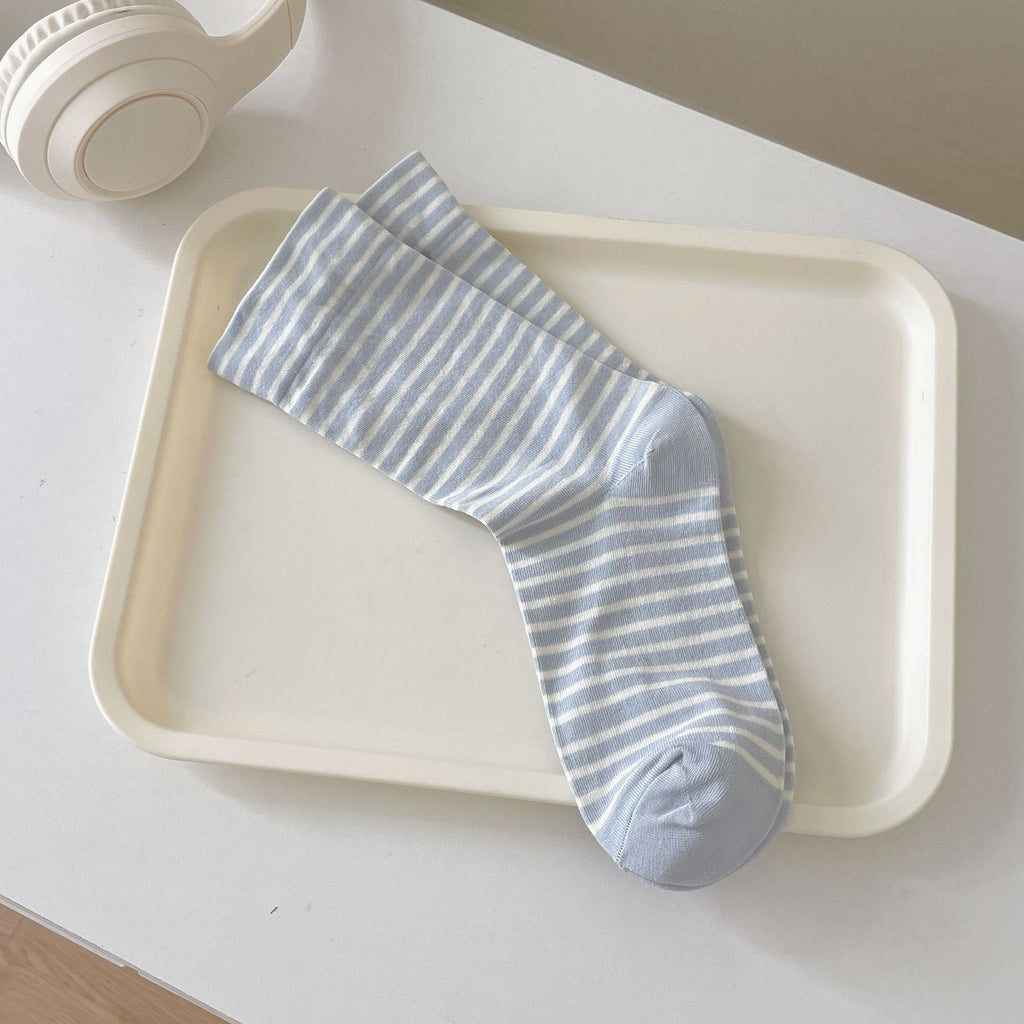 Thin Striped Breathable Cotton Crew Socks - DarkBlue