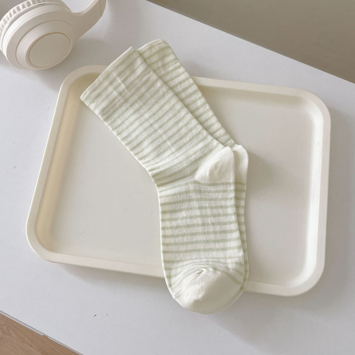 Thin Striped Breathable Cotton Crew Socks - Green