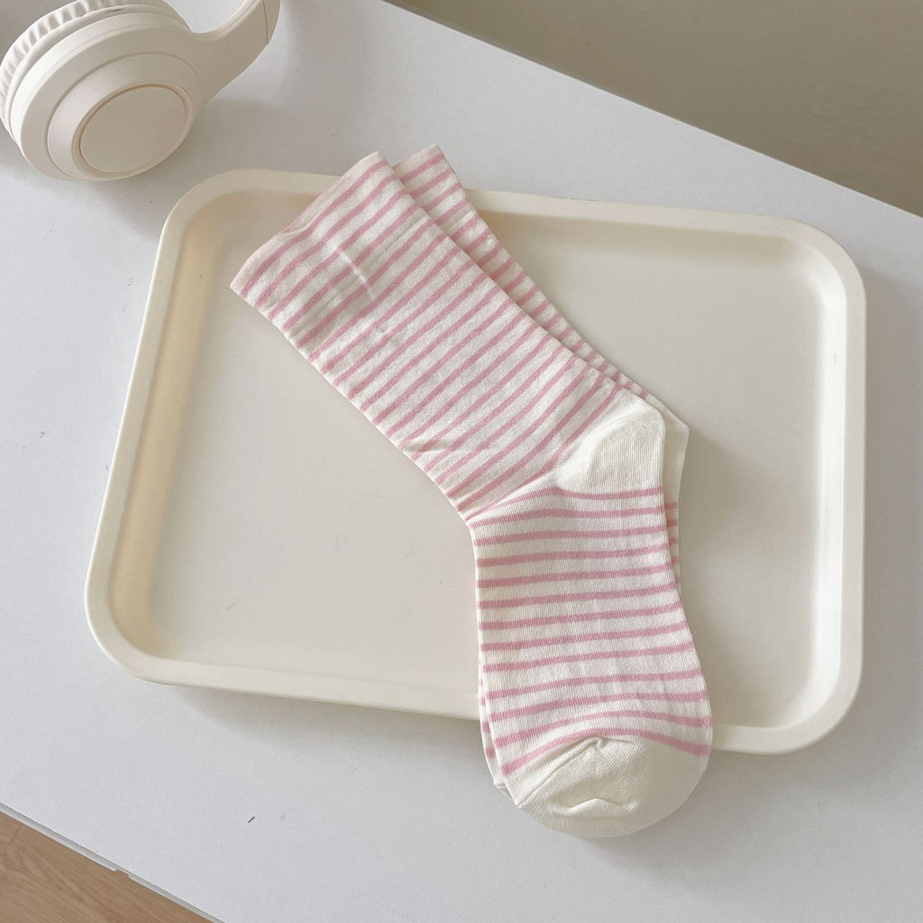 Thin Striped Breathable Cotton Crew Socks - Pink