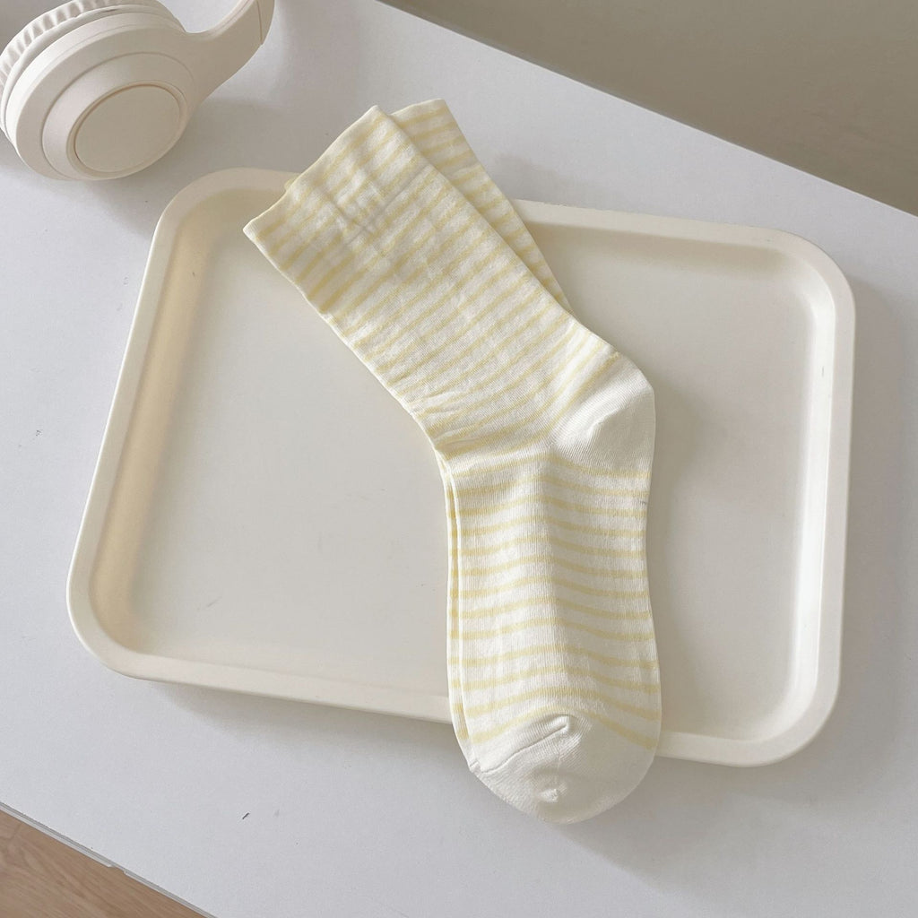 Thin Striped Breathable Cotton Crew Socks - Yellow