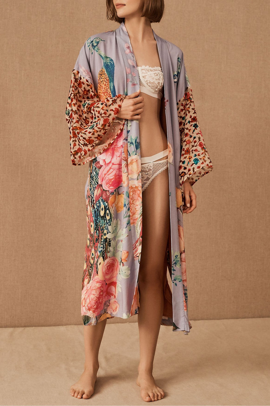 Painted Peacock And Floral Belted Kimono - Purple - 1