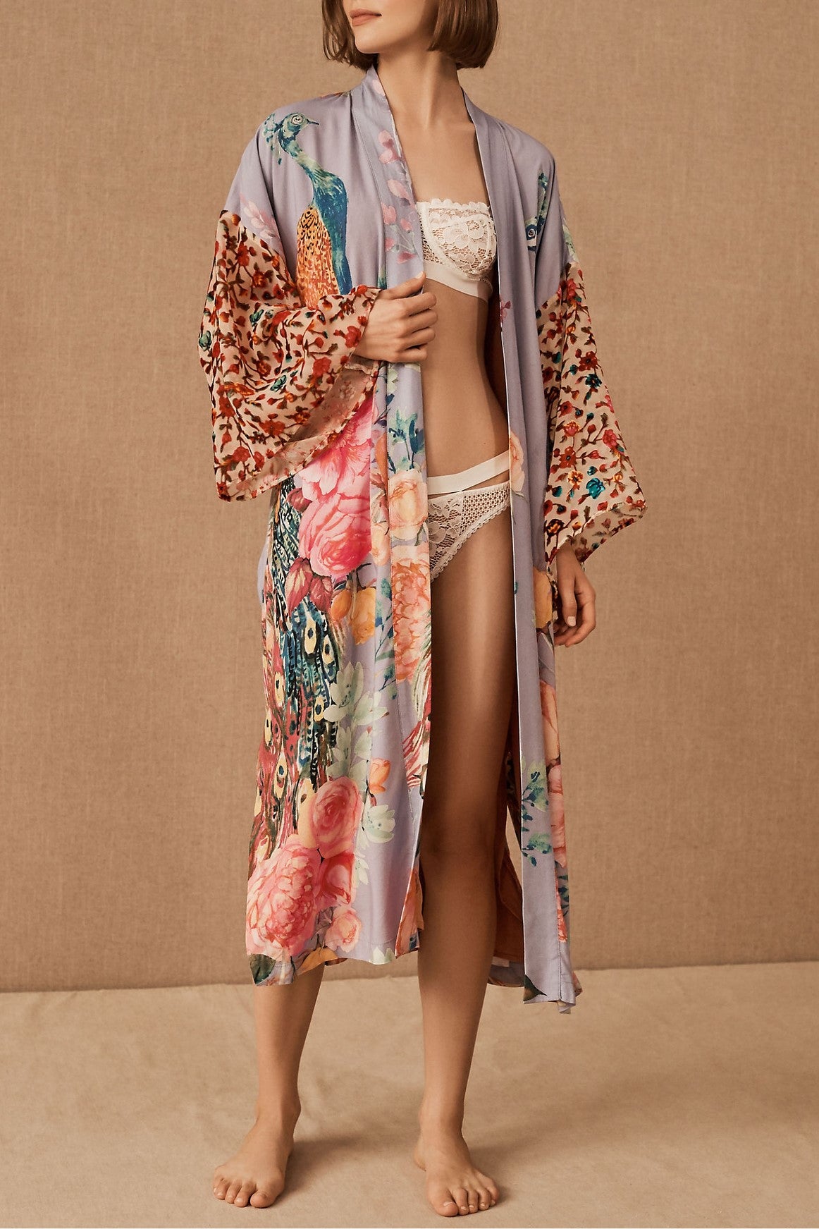 Painted Peacock And Floral Belted Kimono - Purple - 1