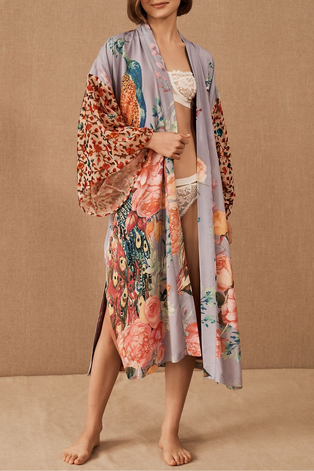 Painted Peacock And Floral Belted Kimono - Purple - 2