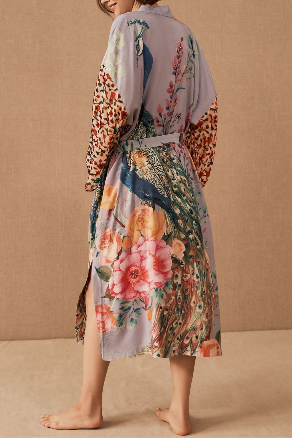 Painted Peacock And Floral Belted Kimono - Purple - 3