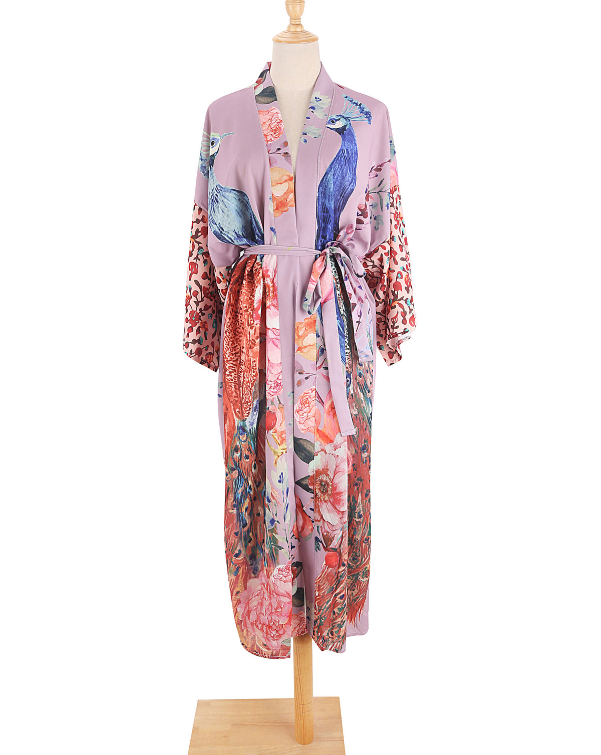 Painted Peacock And Floral Belted Kimono - Purple - 4