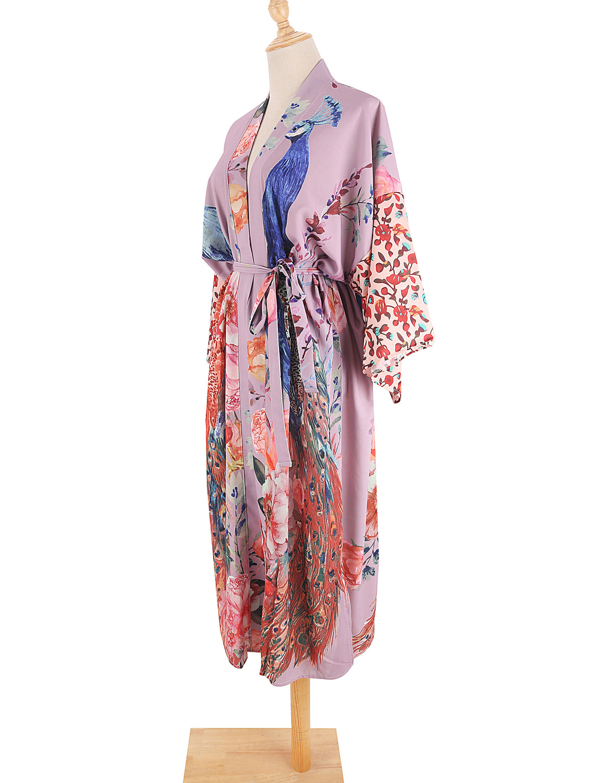 Painted Peacock And Floral Belted Kimono - Purple - 5