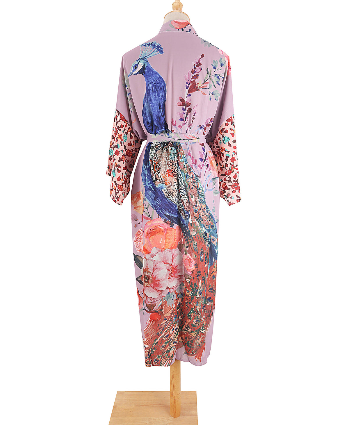 Painted Peacock And Floral Belted Kimono - Purple - 6