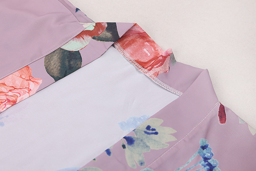Painted Peacock And Floral Belted Kimono - Purple - 7