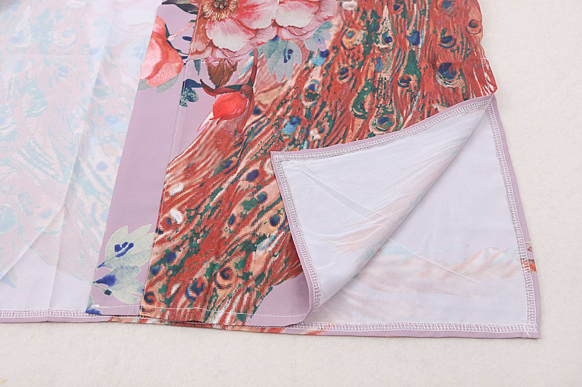 Painted Peacock And Floral Belted Kimono - Purple - 9