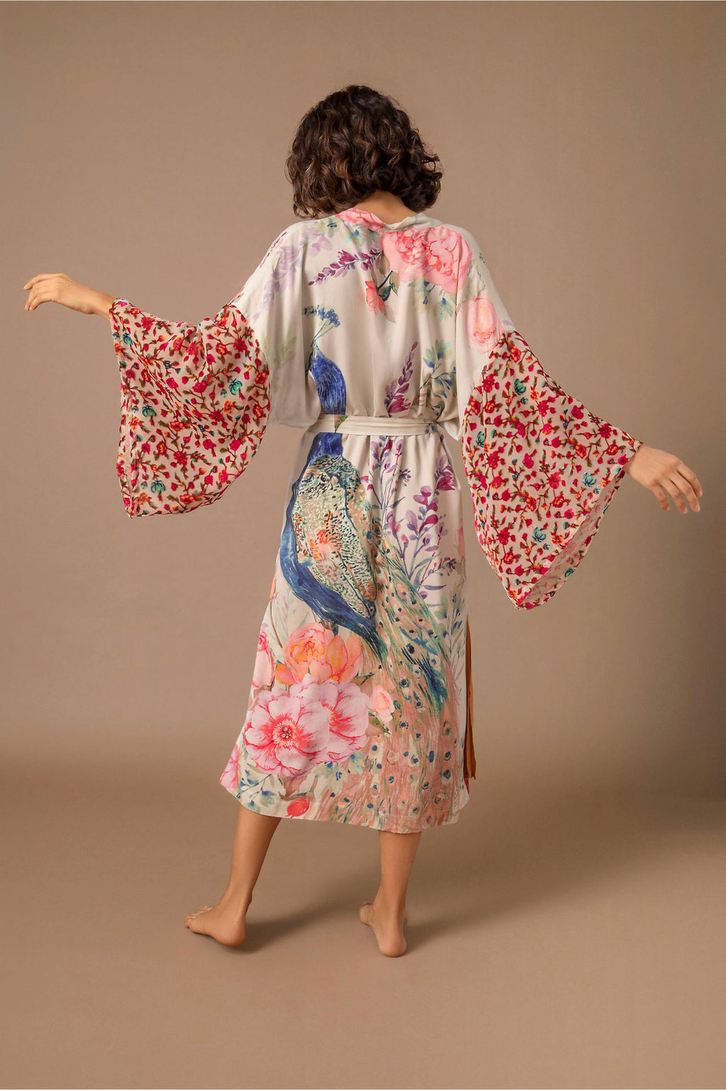 Painted Peacock And Floral Belted Kimono - White - 1