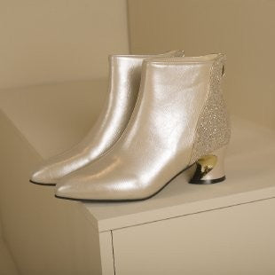 Pointed Toe Ankle Boots with Glitter Heel Panel - Champagne