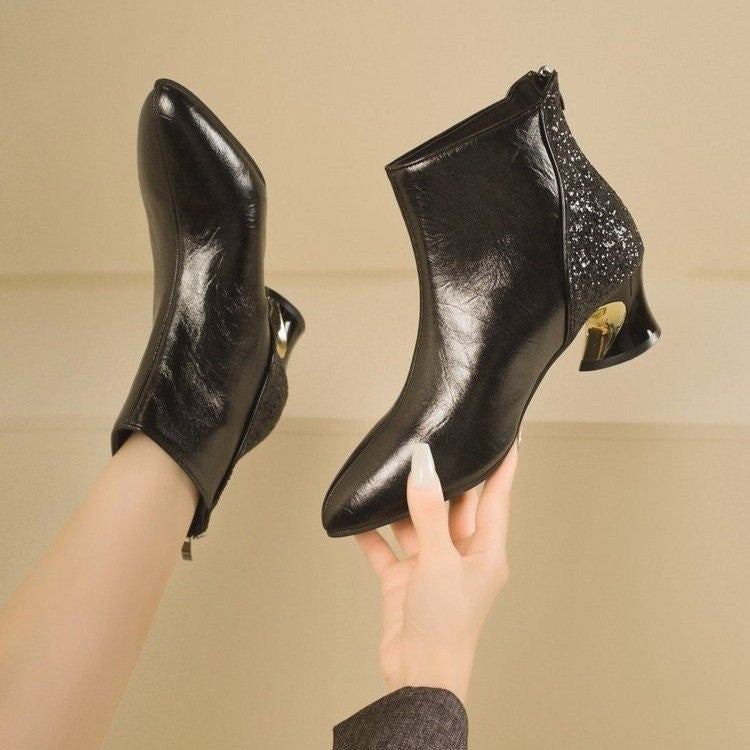 Pointed Toe Ankle Boots with Glitter Heel Panel