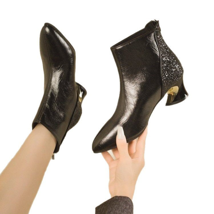 Pointed Toe Ankle Boots with Glitter Heel Panel