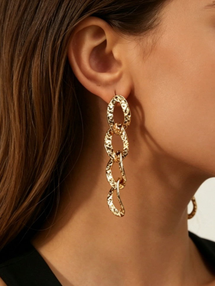 Gold Textured Chunky Curb Link Long Drop Earrings - Gold