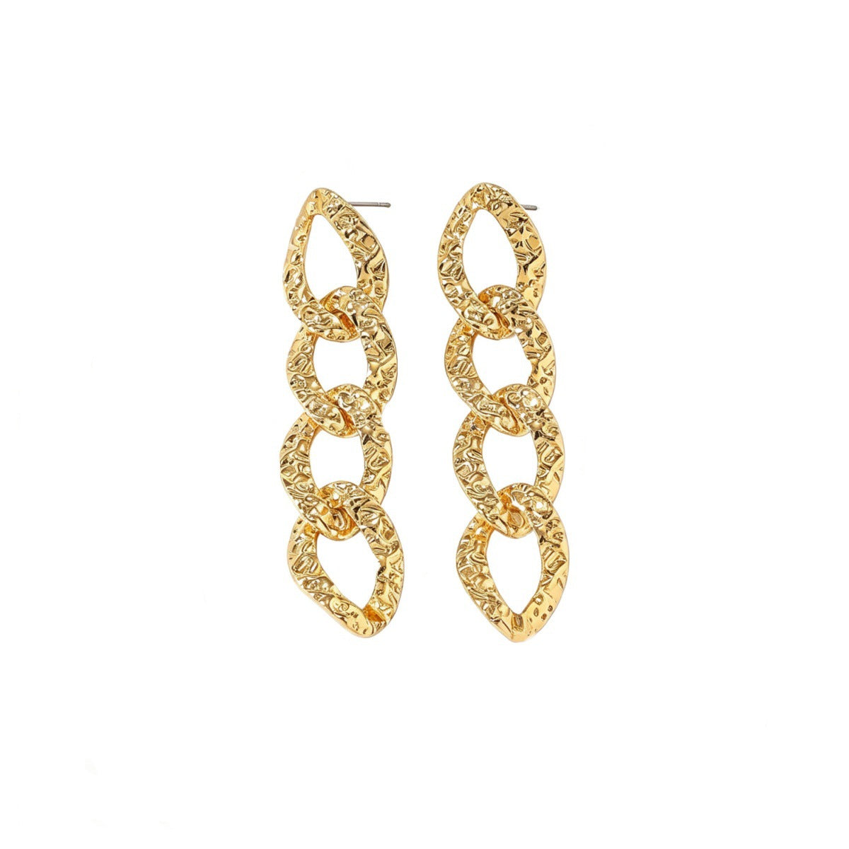Gold Textured Chunky Curb Link Long Drop Earrings - Gold - 1