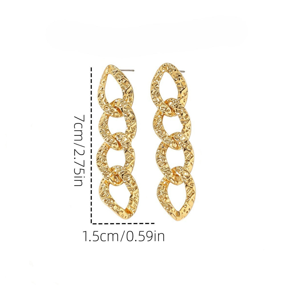 Gold Textured Chunky Curb Link Long Drop Earrings - Gold - 2