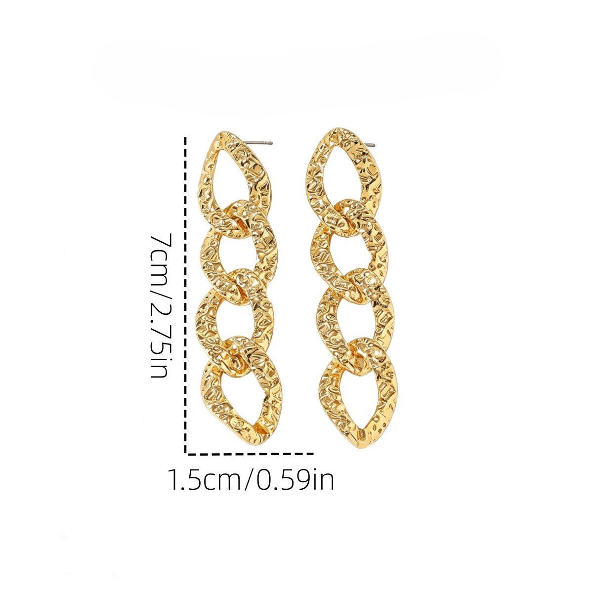 Gold Textured Chunky Curb Link Long Drop Earrings - Gold - 2