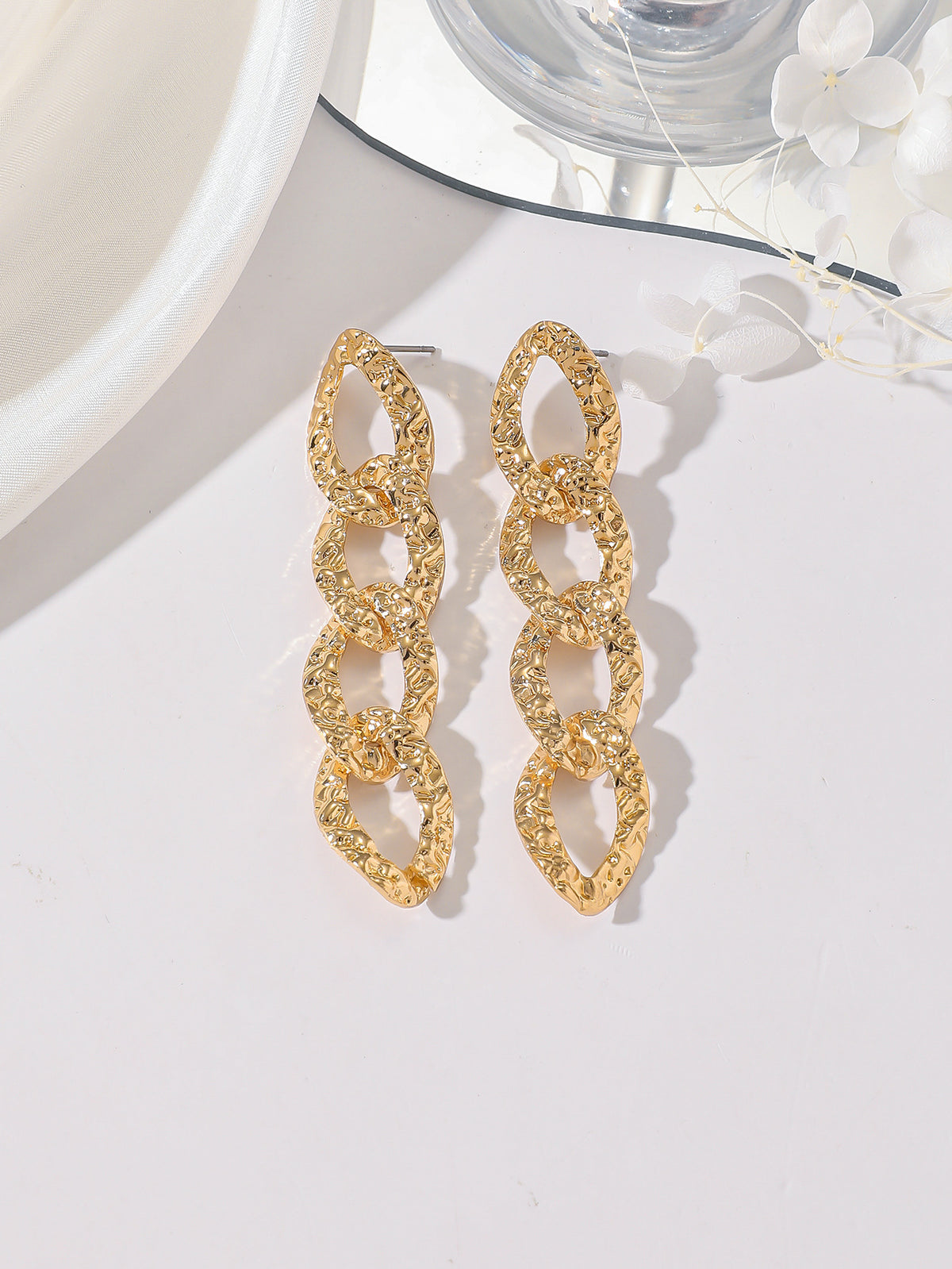 Gold Textured Chunky Curb Link Long Drop Earrings - Gold - 3