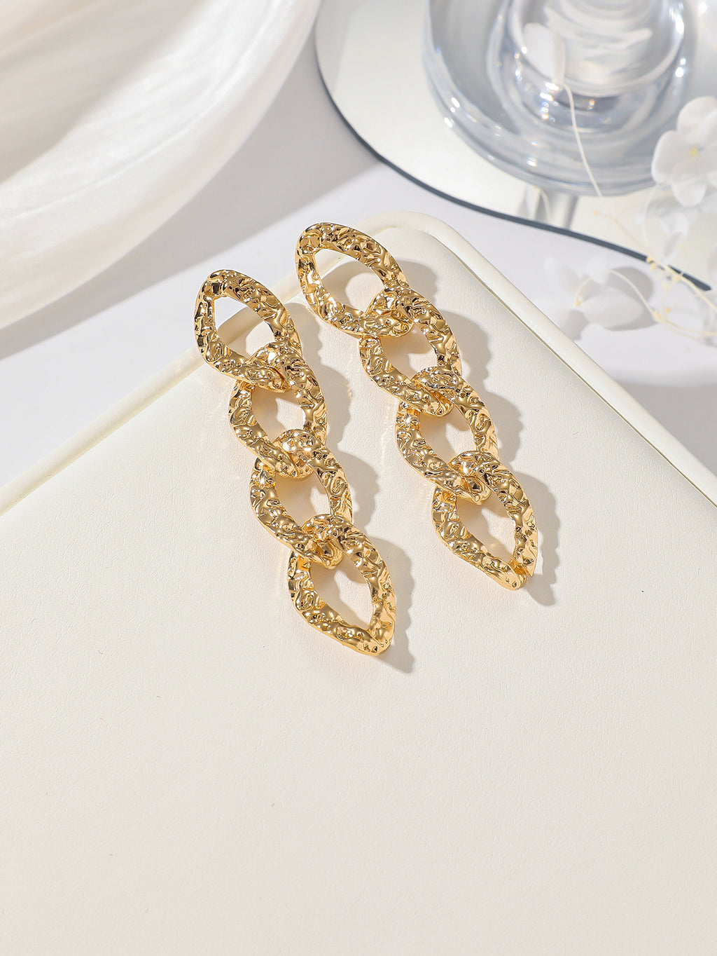 Gold Textured Chunky Curb Link Long Drop Earrings - Gold - 4