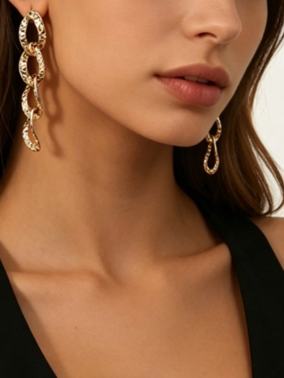 Gold Textured Chunky Curb Link Long Drop Earrings - Gold - 5